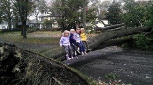 Hurricane Sandy Aftermath in Pelham - Kids On Downed Tree